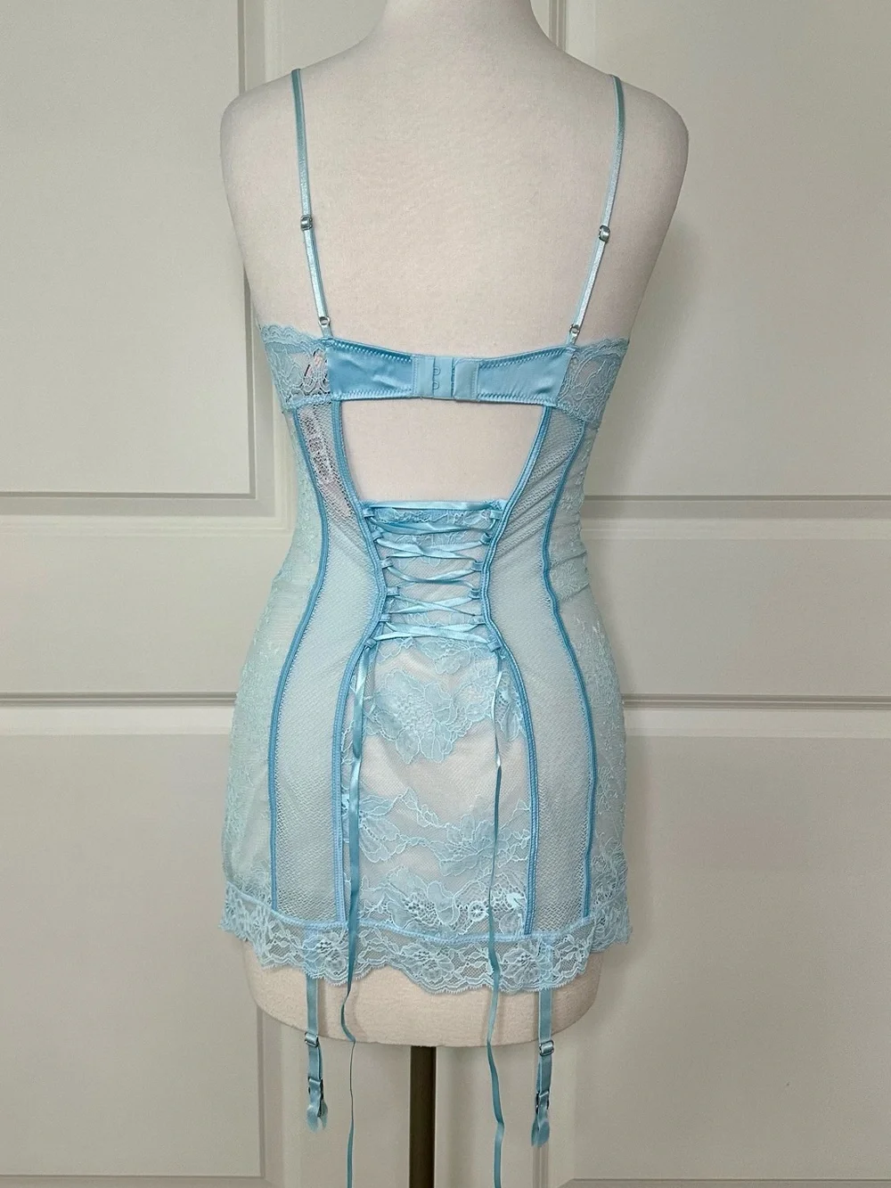 Victoria's Secret Very Sexy Lace Garter Slip And Thong Panty Set Blue Medium